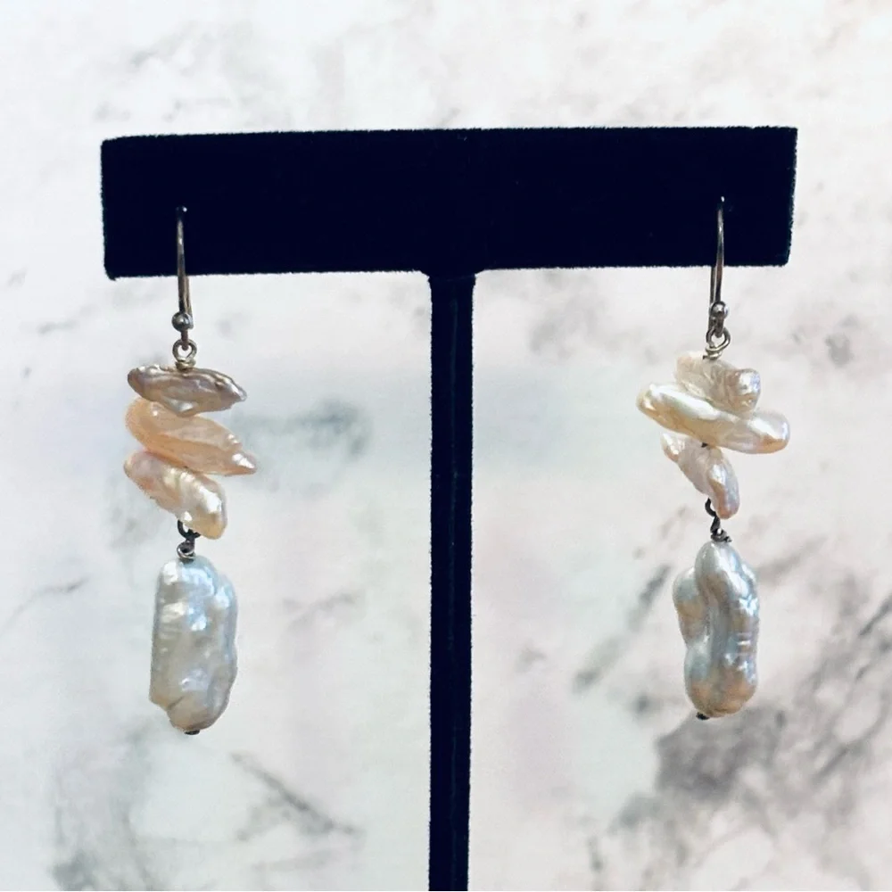 Natural Baroque Lute Dangly Drop Earrings Sterling Silver 925 Bridal Formal - Picture 1 of 6